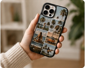 A hand holding a CASETICS case made from a photo collage
